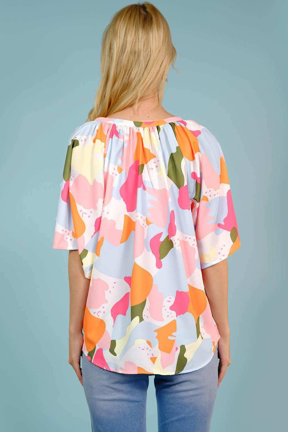 Printed Notched Neck Half Sleeve Blouse - Trendsi - Flyclothing LLC