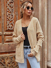 Ribbed Open Front Long Sleeve Cardigan with Pockets - Trendsi