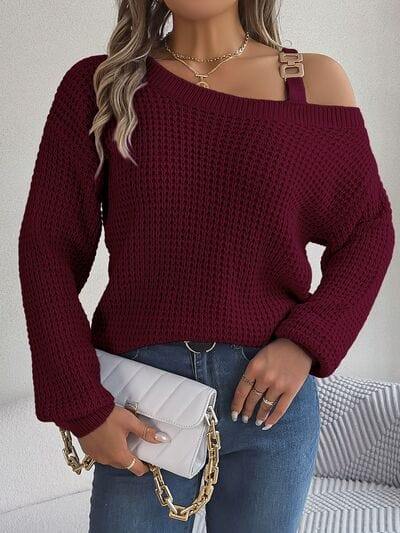 Asymmetrical Neck Long Sleeve Sweater - Trendsi