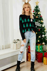Christmas Tree Round Neck Ribbed Trim Sweater - Trendsi - Flyclothing LLC
