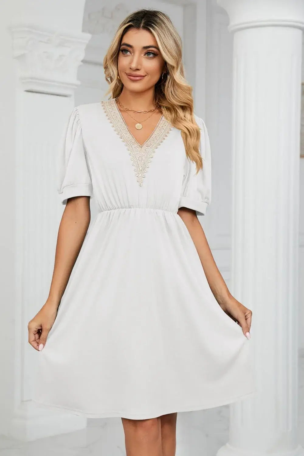 Contrast V-Neck Puff Sleeve Pocket Dress - Trendsi - Flyclothing LLC