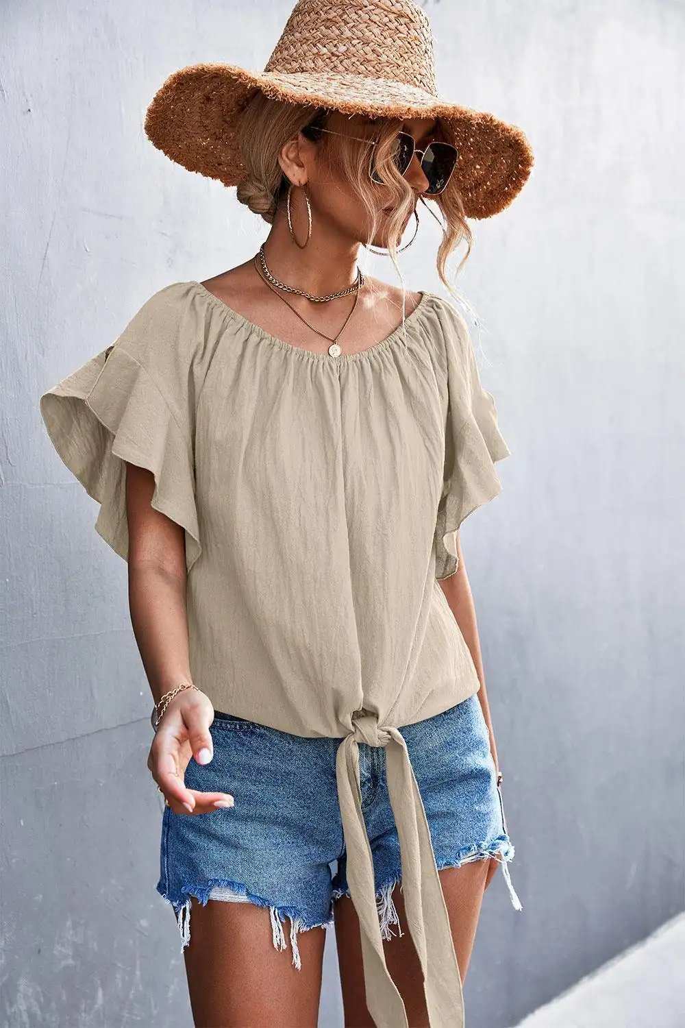Flutter Sleeve Tie-Front Blouse - Trendsi - Flyclothing LLC