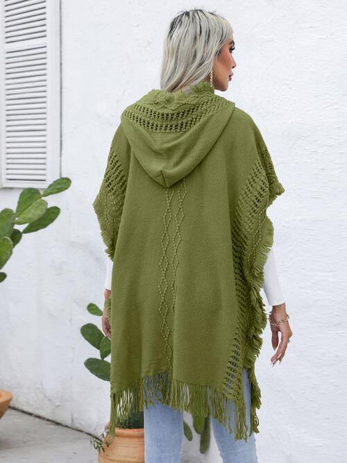 Fringe Trim Buttoned Hooded Poncho - Trendsi