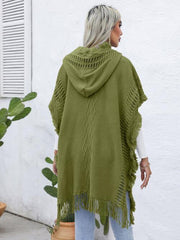 Fringe Trim Buttoned Hooded Poncho - Trendsi