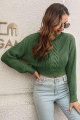 Cropped Mock Neck Cable Knit Pullover Sweater - Trendsi
