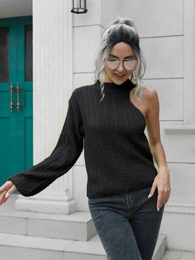 Cable-Knit Round Neck Asymmetrical Sweater - Trendsi