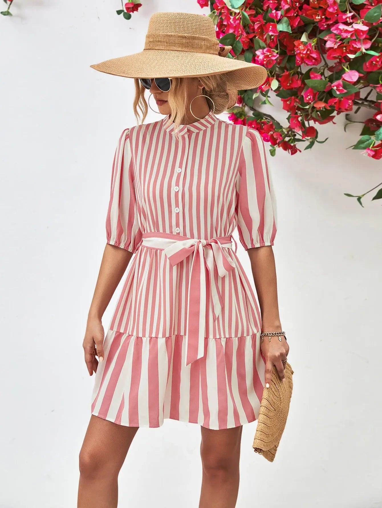 Striped Half Sleeve Tie Waist Mini Dress - Trendsi - Flyclothing LLC