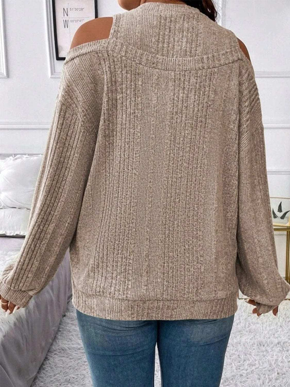 Round Neck Cold Shoulder Sweater - Trendsi - Flyclothing LLC