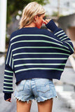 Striped Round Neck Drop Shoulder Slit Sweater - Trendsi