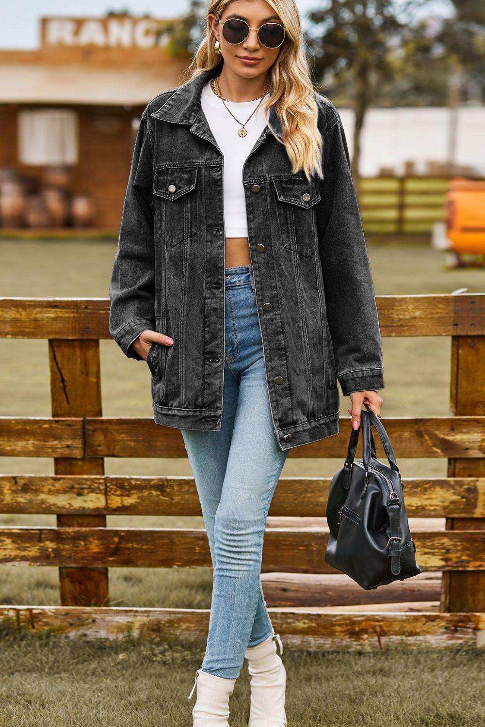 Buttoned Collared Neck Denim Jacket with Pockets - Trendsi - Flyclothing LLC