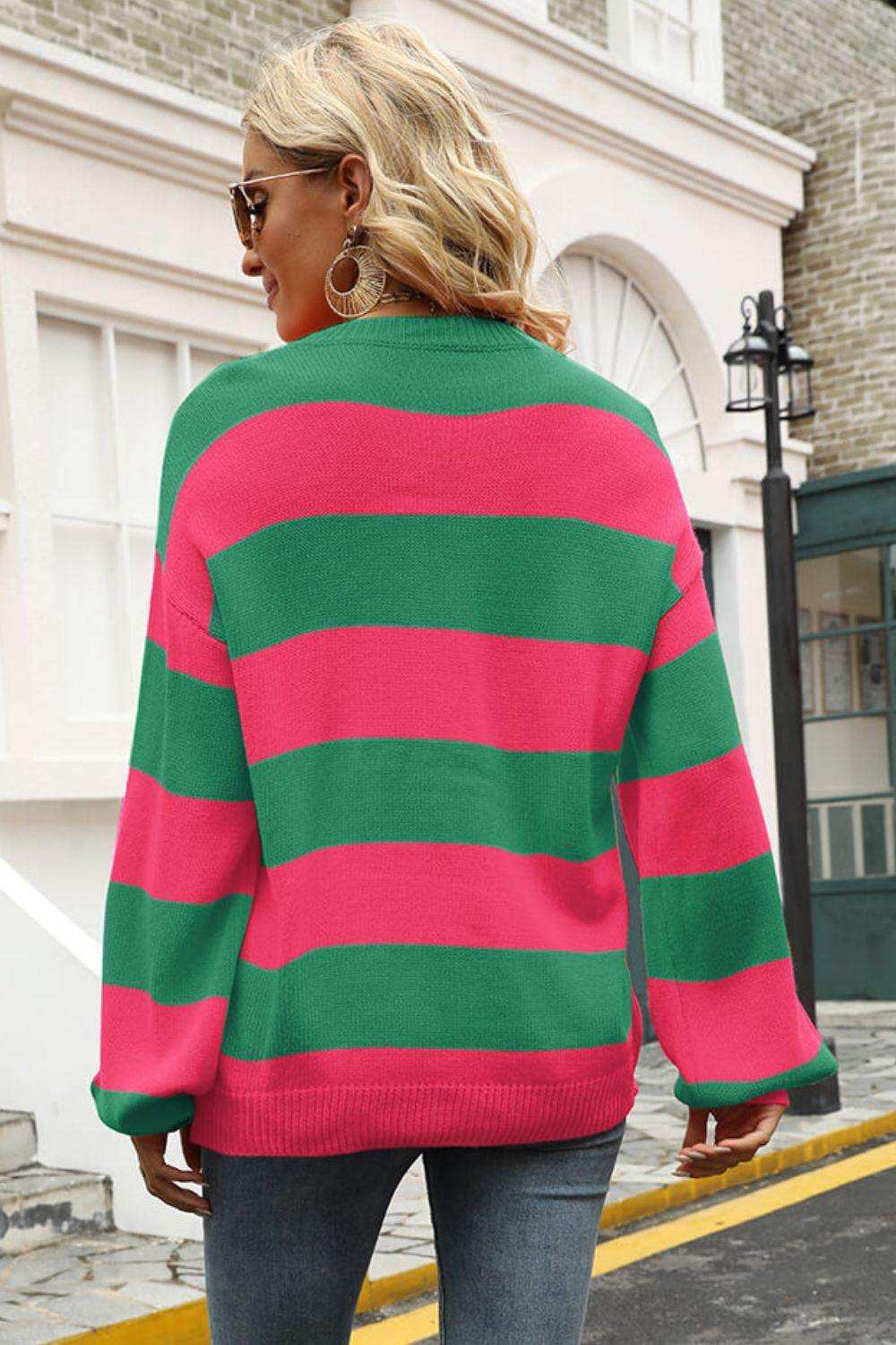 Striped Balloon Sleeve Knit Pullover - Trendsi - Flyclothing LLC