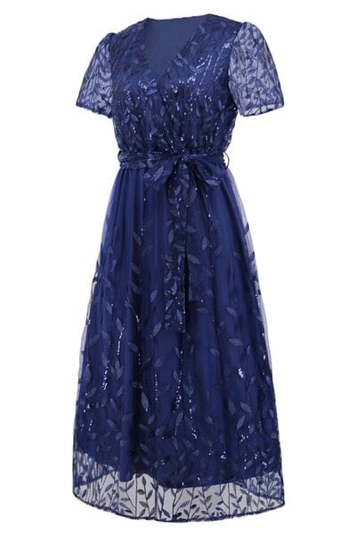 Sequin Leaf Embroidery Tie Front Short Sleeve Dress - Trendsi