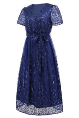 Sequin Leaf Embroidery Tie Front Short Sleeve Dress - Trendsi