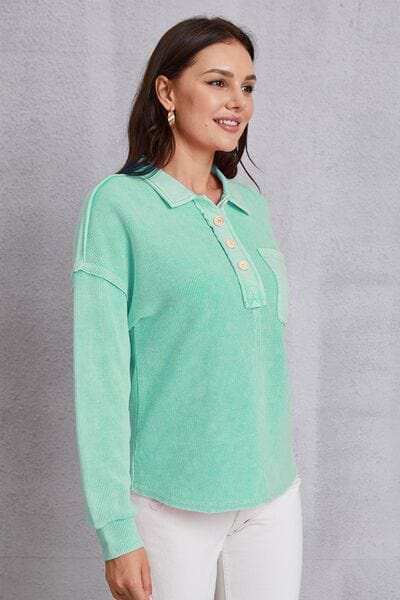 Quarter Button Dropped Shoulder Sweatshirt - Trendsi - Flyclothing LLC