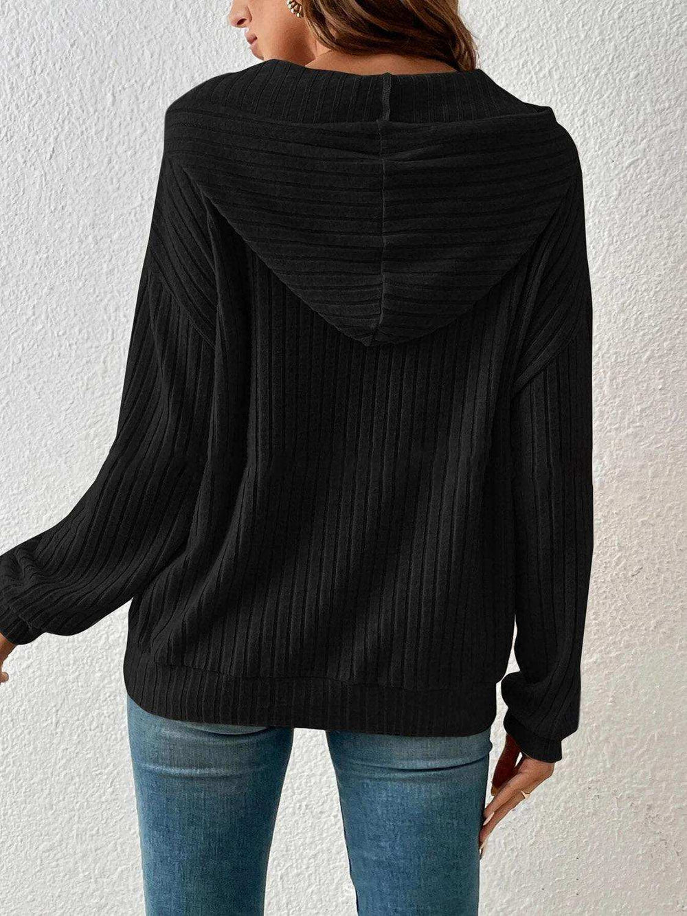 Ribbed Dropped Shoulder Drawstring Hoodie - Trendsi - Flyclothing LLC