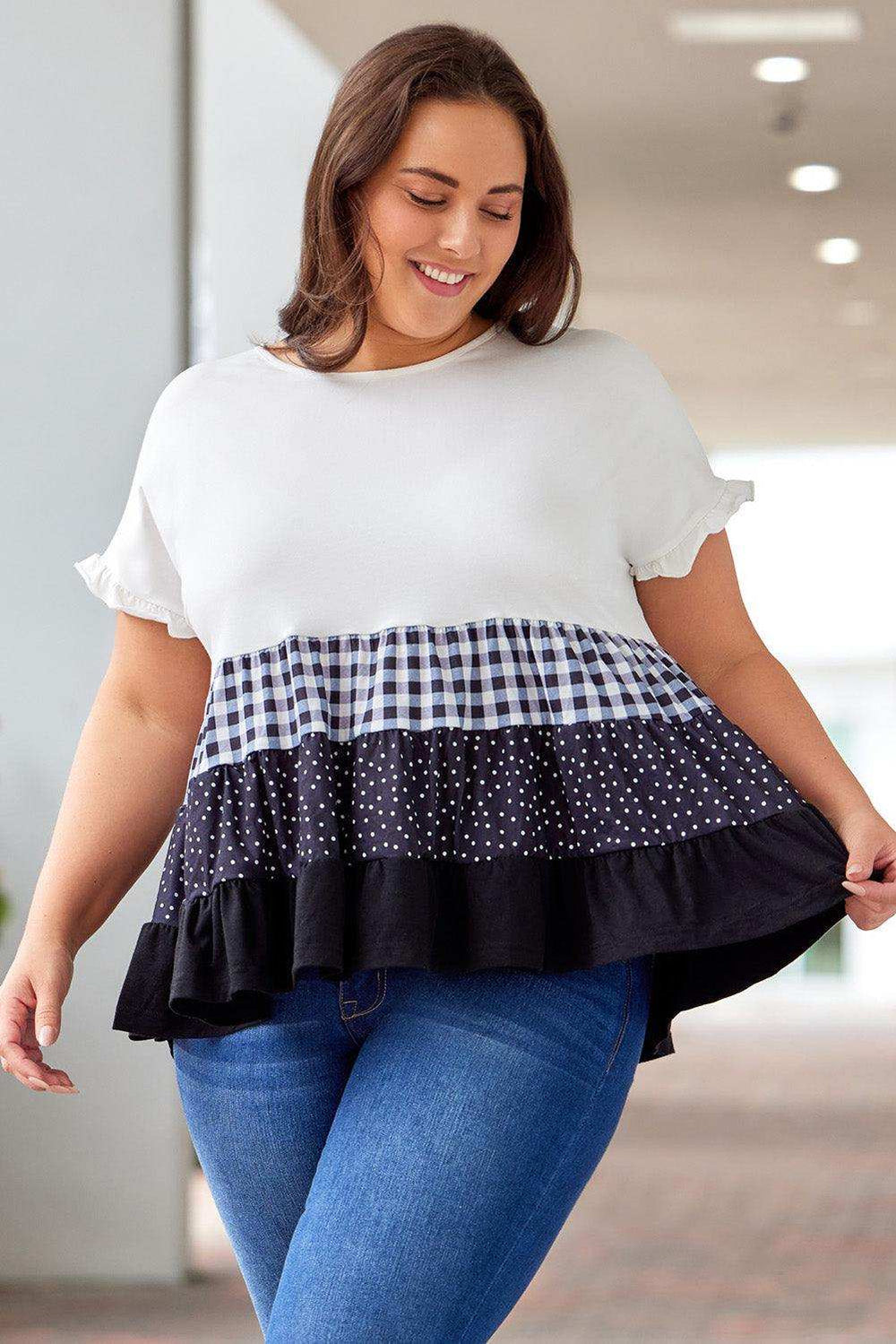 Plus Size Plaid Color Block Tiered Blouse - Trendsi - Flyclothing LLC