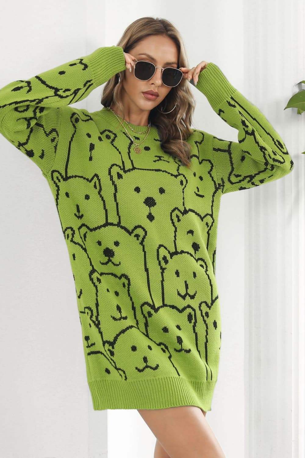 Bear Pattern Round Neck Sweater Dress - Trendsi - Flyclothing LLC