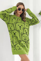 Bear Pattern Round Neck Sweater Dress - Trendsi