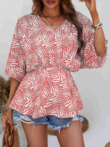 Printed V-Neck Dolman Sleeve Blouse - Trendsi - Flyclothing LLC