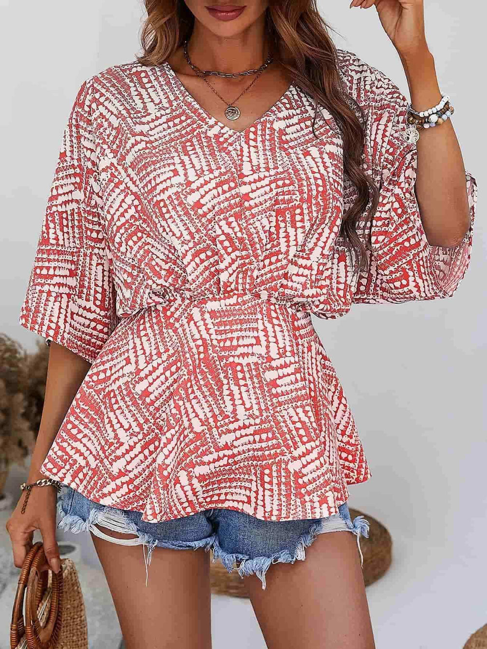 Printed V-Neck Dolman Sleeve Blouse - Trendsi - Flyclothing LLC