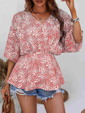 Printed V-Neck Dolman Sleeve Blouse - Trendsi - Flyclothing LLC