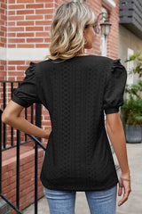 Eyelet Ruffled Round Neck T-Shirt - Trendsi