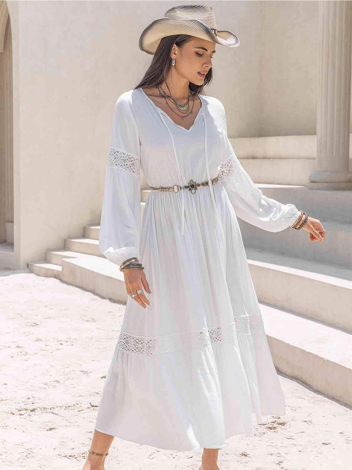 Tie Neck Long Sleeve Midi Tiered Dress - Trendsi - Flyclothing LLC