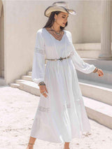 Tie Neck Long Sleeve Midi Tiered Dress - Trendsi - Flyclothing LLC