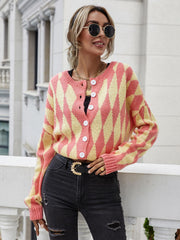 Argyle Button Front Drop Shoulder Cardigan - Trendsi