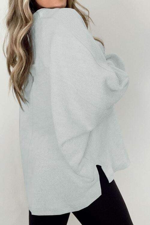 Full Size Half Button Collared Neck Long Sleeve Sweatshirt - Trendsi - Flyclothing LLC