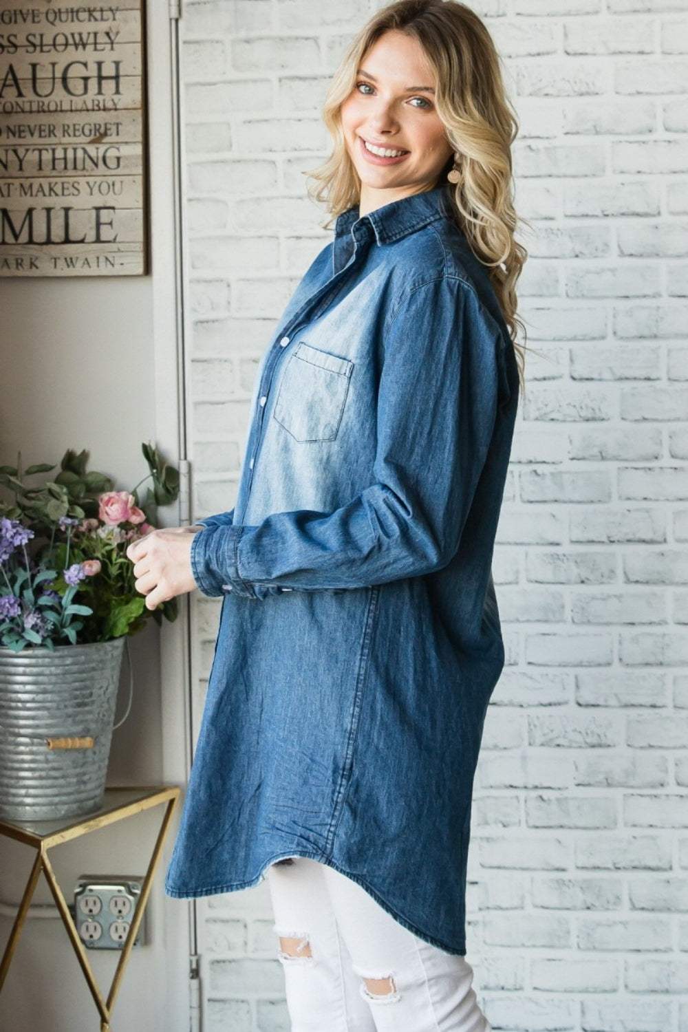 Veveret Pocketed Button Up Washed Denim Shirt - Trendsi - Flyclothing LLC