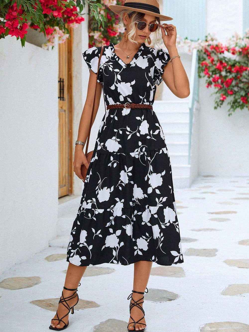 Floral Frill Trim V-Neck Tiered Midi Dress - Trendsi - Flyclothing LLC