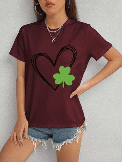 Heart Lucky Clover Short Sleeve T-Shirt - Trendsi - Flyclothing LLC