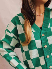 Checkered Open Front Button Up Cardigan - Trendsi
