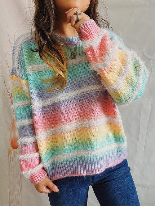 Striped Round Neck Long Sleeve Sweater - Trendsi - Flyclothing LLC