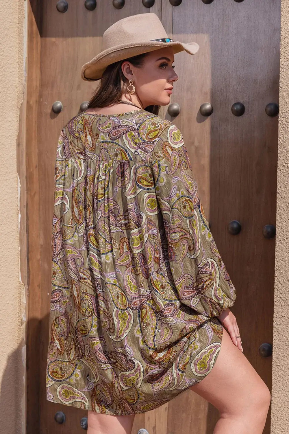 Plus Size Printed V-Neck Long Sleeve Midi Dress - Trendsi - Flyclothing LLC