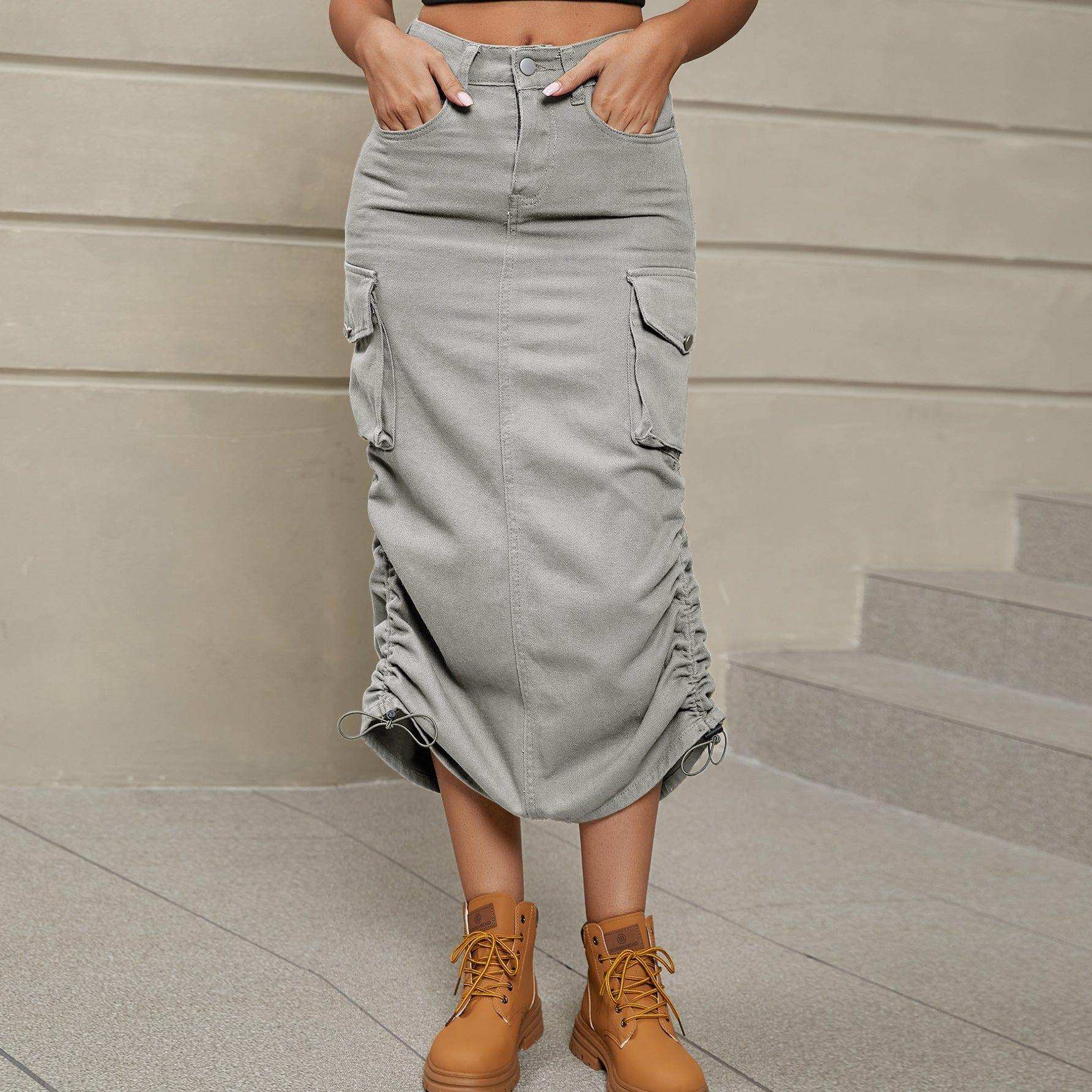 Drawstring Ruched Slit Denim Midi Skirt - Trendsi - Flyclothing LLC
