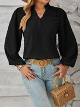 Ruched Swiss Dot Notched Balloon Sleeve T-Shirt - Trendsi - Flyclothing LLC