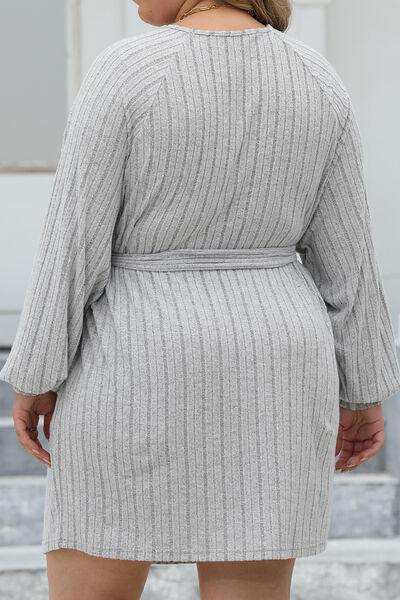Plus Size Ribbed Tie Front Long Sleeve Sweater Dress - Trendsi - Flyclothing LLC