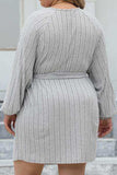 Plus Size Ribbed Tie Front Long Sleeve Sweater Dress - Trendsi - Flyclothing LLC