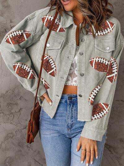Football Sequin Button Up Dropped Shoulder Jacket - Trendsi - Flyclothing LLC