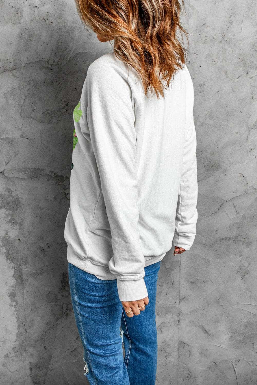 Lucky Clover Round Neck Dropped Shoulder Sweatshirt - Trendsi - Flyclothing LLC