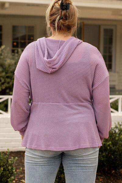 Plus Size Waffle Knit Drawstring Half Button Hooded Knit Top - Trendsi - Flyclothing LLC
