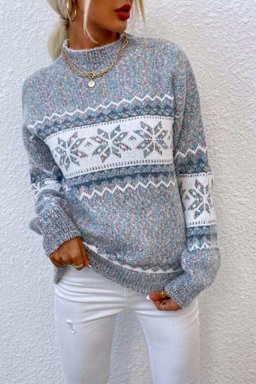 Snowflake Pattern Mock Neck Sweater - Trendsi - Flyclothing LLC