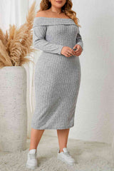 Plus Size Square Neck Long Sleeve Slit Dress - Trendsi - Flyclothing LLC