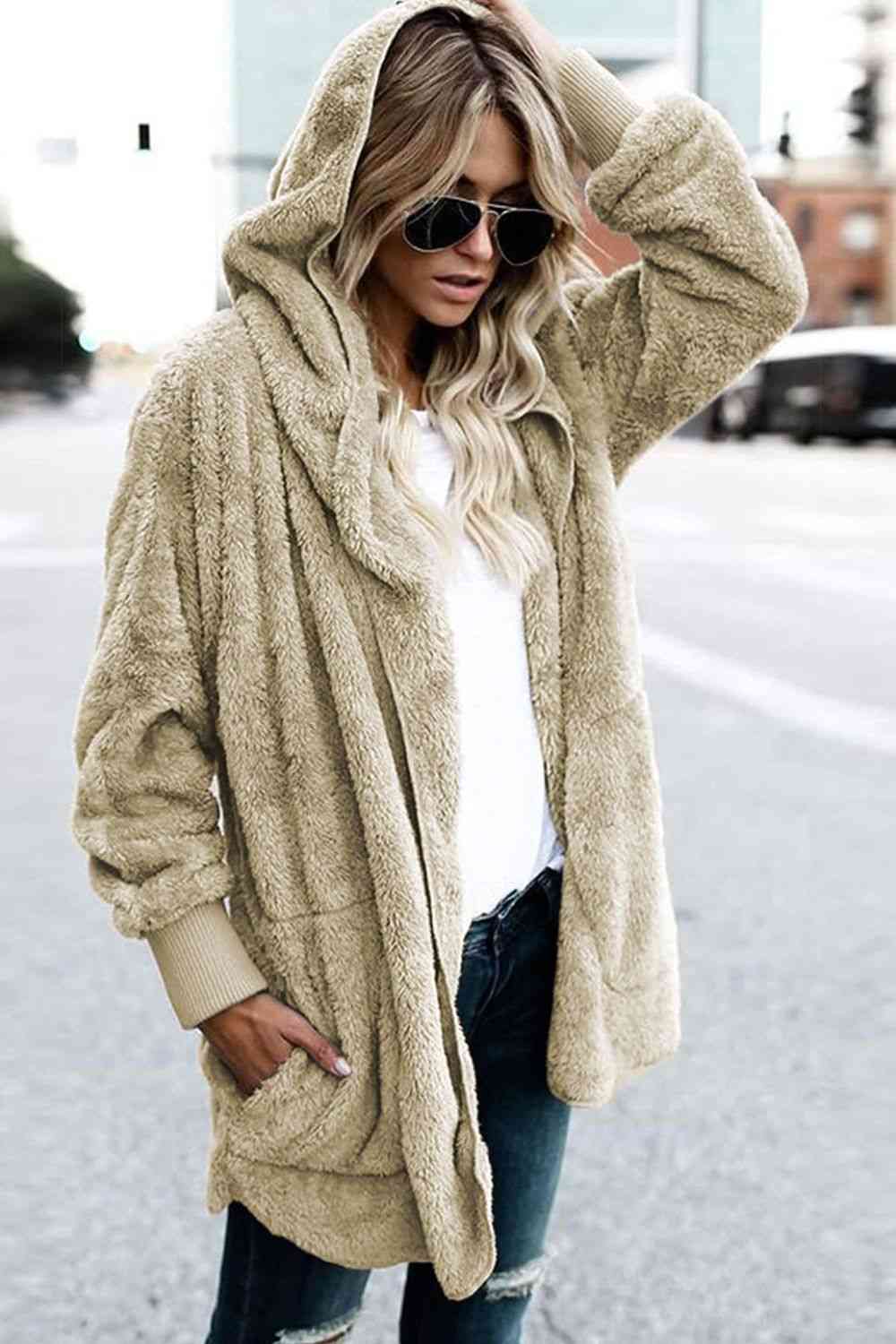 Teddy Hooded Jacket with Pockets - Trendsi - Flyclothing LLC