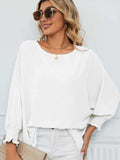 Smocked Lantern Sleeve Round Neck Blouse - Trendsi - Flyclothing LLC