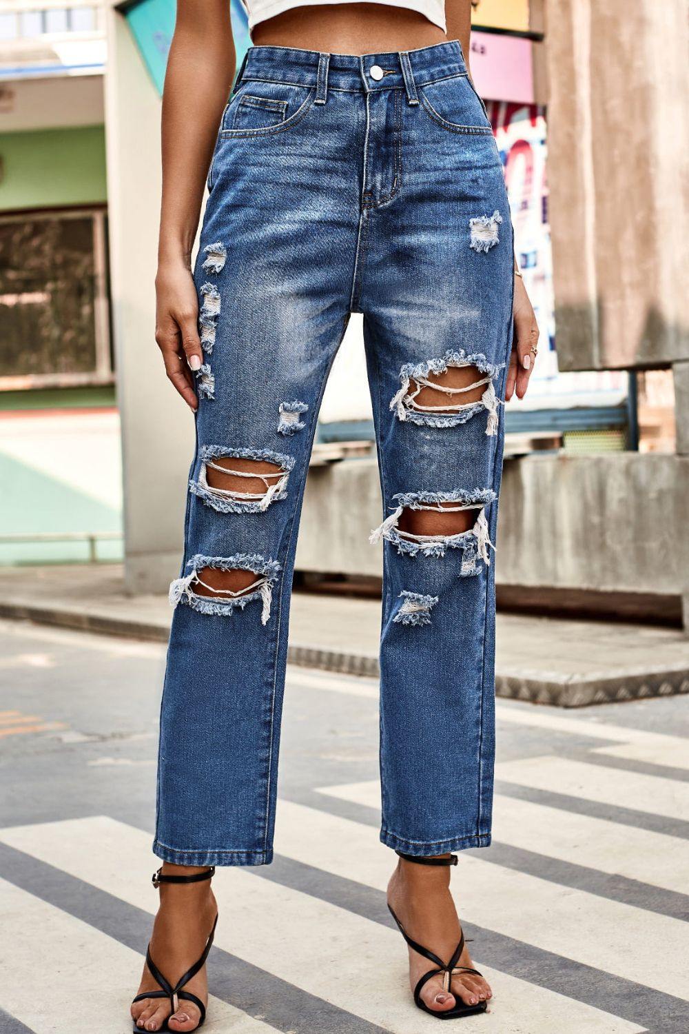 Distressed Buttoned Jeans with Pockets - Trendsi