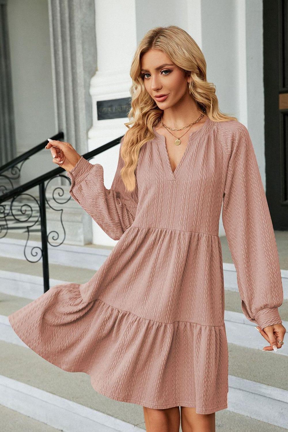 Notched Neck Long Sleeve Mini Dress - Trendsi