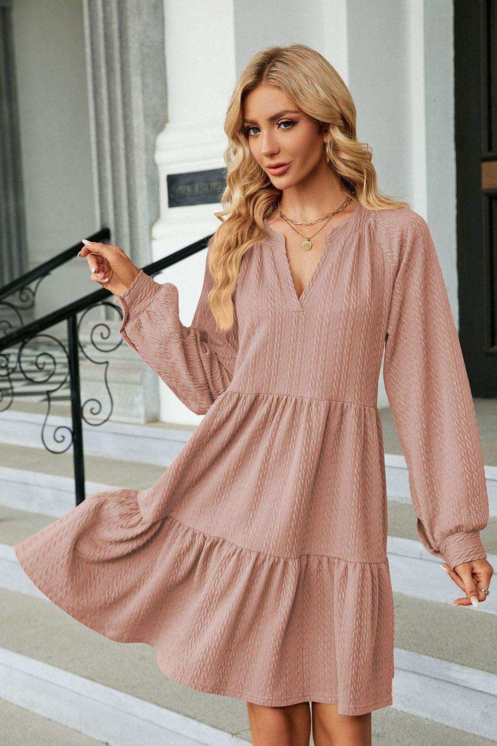 Notched Neck Long Sleeve Mini Dress - Trendsi - Flyclothing LLC